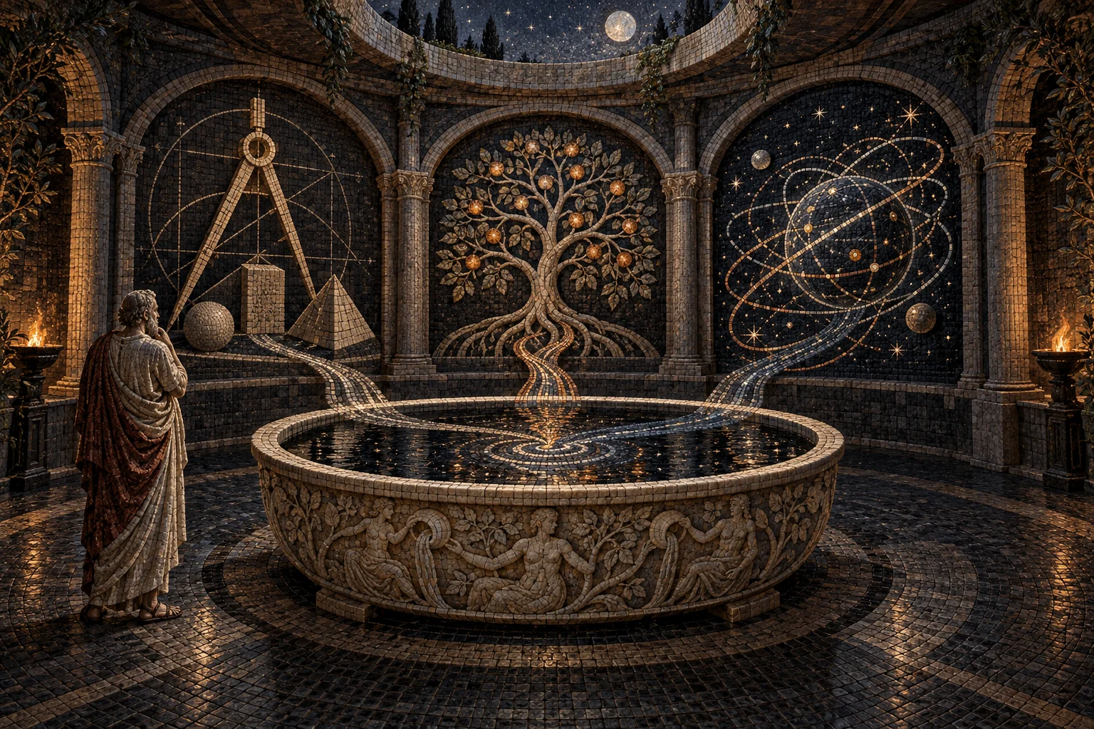 An ancient mosaic philosopher observes geometry, a branching tree, and celestial paths flowing into one reflecting basin.